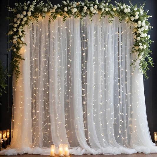Party Propz White Net Curtain with Fairy Lights – Perfect for Birthday Decorations and Backdrops.